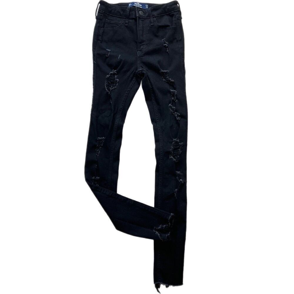 Hollister Jeans Women Size 24 Black High Rise Super Skinny Destroyed Raw Hem